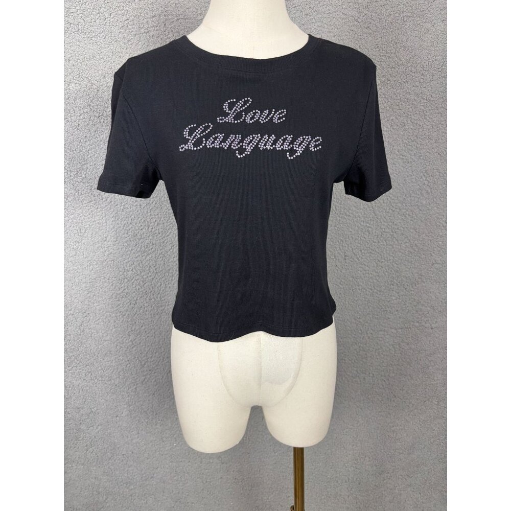 Grayson Threads Juniors' "Love Language" Black Cropped T-Shirt Size Medium NWT's